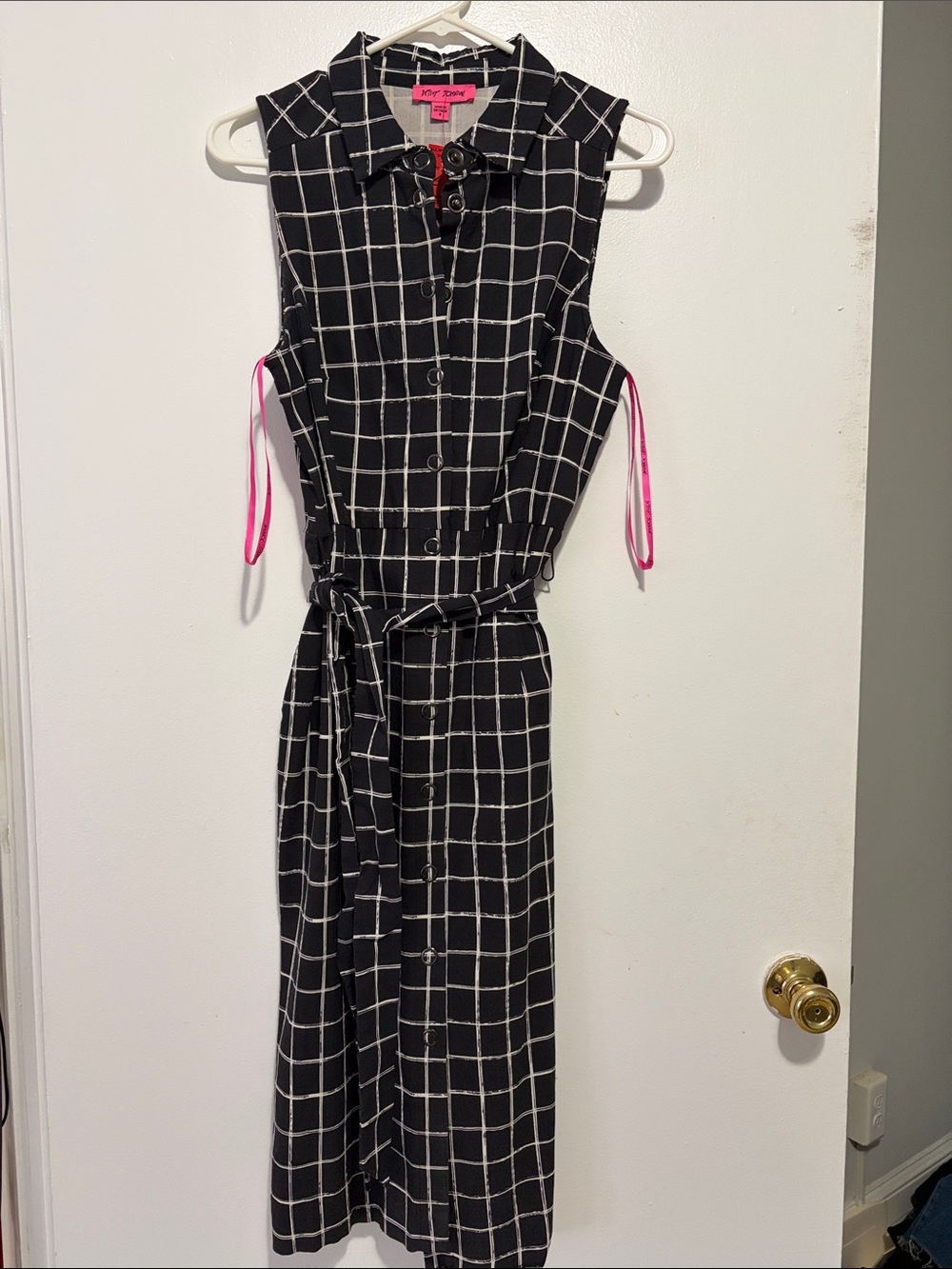 Betsey Johnson Black and White Grid Sleeveless Shirt Dress with Tie